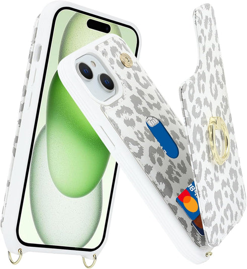 for iPhone 15 Case with Card Holder and Strap for Women,Crossbody Lanyard,Ring Stand,Snap Clasp,Cute Phone Wallet Cases 6.1 inch(White Leopard)......