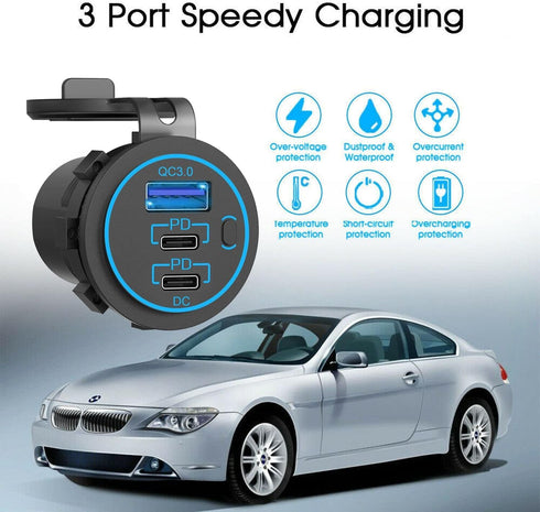 12V USB C Outlet, Two USB-C PD 20W Power Socket and 18W QC3.0 Socket Waterproof Power Outlet 12V/24V with Power Switch for Car Golf Cart Boat Mari...