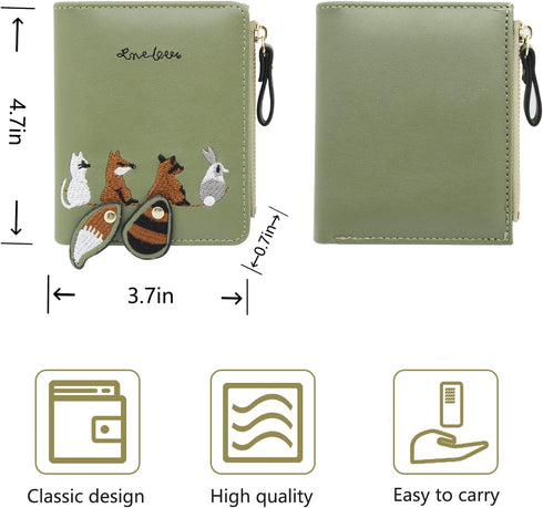 Womens Wallet, Leather Purse Credit Card Holder with with Embroidered Animal Pattern, Portable and Small Wallets for Women with Zipper Pocket (gre...