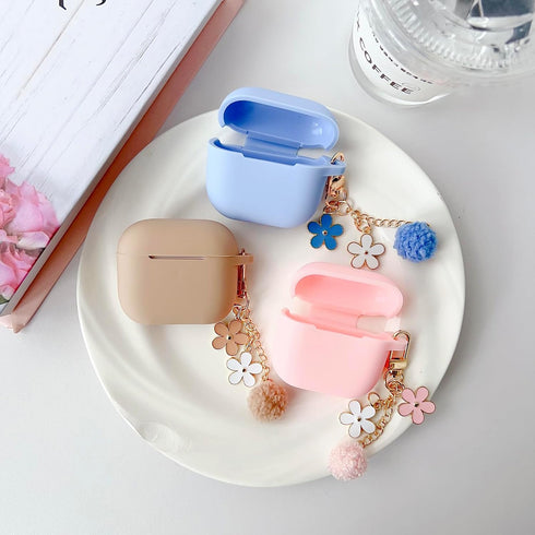 Cute Pink Case for Airpods 3rd Generation Cover for girl Women with Pom pom Flower Keychain & Cleaner Kit, Soft Silicone Airpods iPod 3rd Gen Prot...