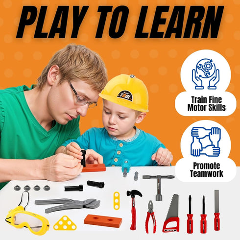 Kids Handyman Tools Toy Set, 52 PCS Mechanic Pretend Play Construction Playset with Hard Hat, Nuts, Bolts - Realistic Plastic Toddler Children Acc...