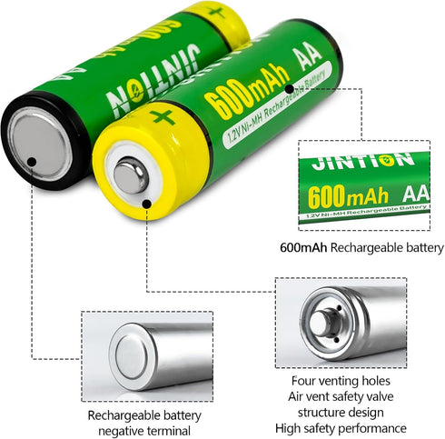 JINTION Rechargeable Ni-MH AA Batteries, Double A High Capacity 1.2V Pre-Charged 600mAh Battery for Solar Lights, String Lights, Remotes, Wireless...