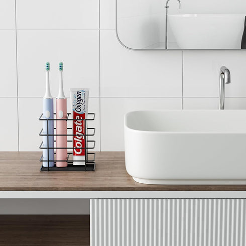 Adhesive Toothbrush Holder Wall Mounted, Suction Toothpaste Organizer Cup for Shower, Razor Holder Caddy Tray Storage Stand with Drainage, Black R...