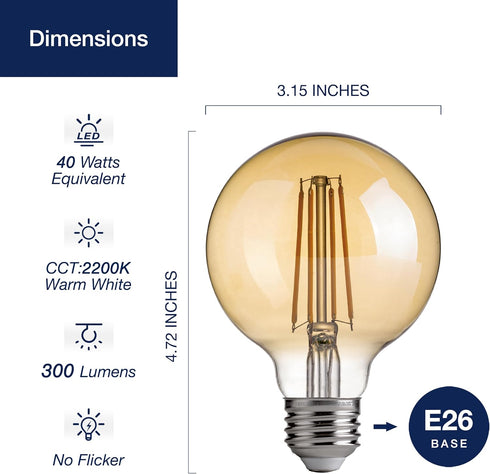 FLSNT G25 LED Edison Light Bulbs, 2200K Warm White, Dimmable, 40W Equivalent, 350LM, E26 Base, CRI80, Amber Glass, 4 Pack...