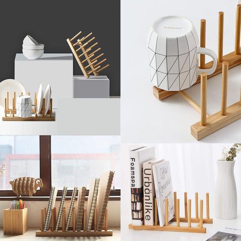 INNERNEED Bamboo Wooden Dish Rack, Vertical Plate & Lid Organizer for Kitchen Cabinet or Countertop, Drying Stand for Dishes, Cutting Boards...