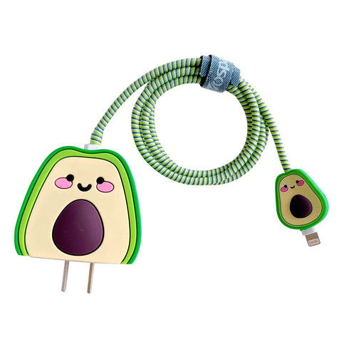 3D Cute Cartoon Charger Protector Case - Compatible for Apple 20W USB-C Power Adapter and Lightning Cable (Green Avocado)...