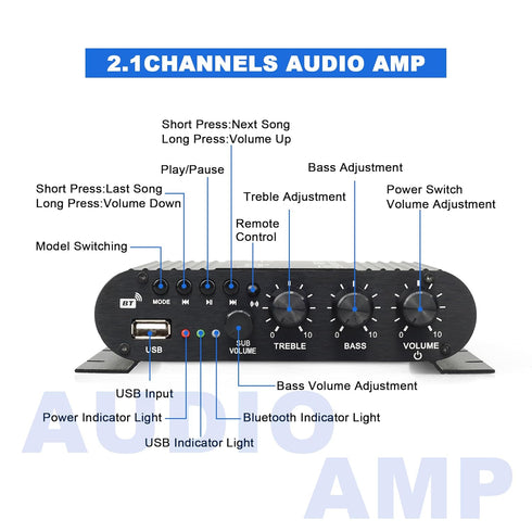 LP-838 2.1 Bluetooth Amplifier 38W+38W+50W Power Output with Remote Control Function, 2.1 Channels Bluetooth Amplifier Supports Bluetooth/USB/RCA ...