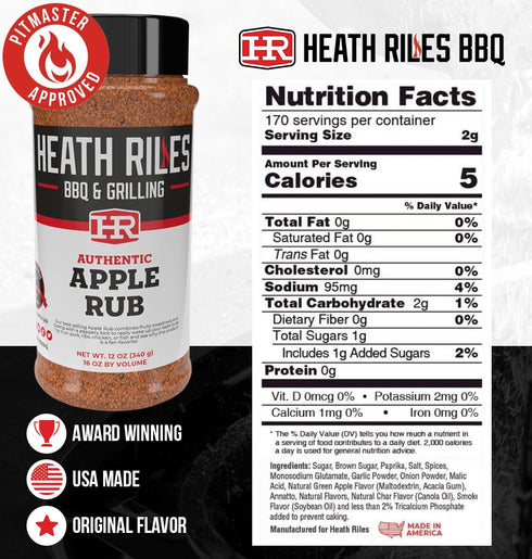 Heath Riles BBQ Rub - Apple BBQ Seasoning Rub, Champion Pitmaster Recipe, Legendary BBQ Rubs For Smoking & Grilling, 70+ BBQ Championships, 12 oz....