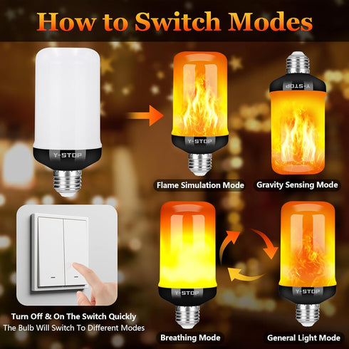 Y- Stop LED Flame Light Bulbs, 4 Modes Flickering Light Bulb with Upside Down Effect, E26 Base Fire Bulb for Halloween, Christmas Decorations, Par...
