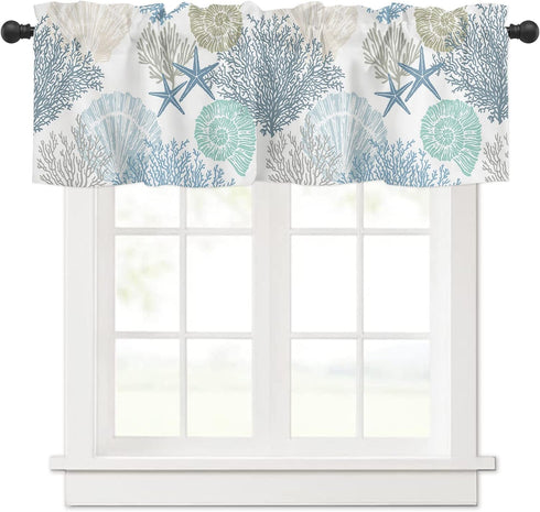 Blue Farmhouse Short Window Curtain Valances, Summer Beach Coral Starfish Valances for Windows, Ocean Nautical Coastal Rod Pocket Window Treatment...