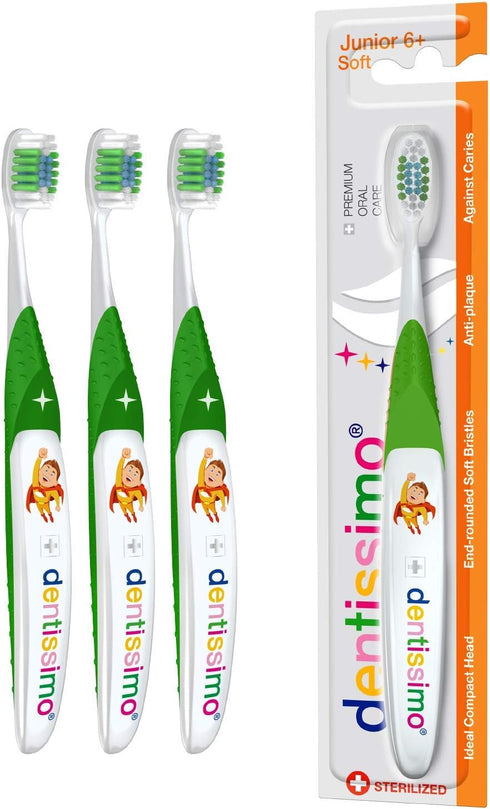 Premium Oral Care Kids Soft Junior Toothbrush for Gentle Cleansing, Ages 6 and Up, Colors May Vary, Pack of 3...