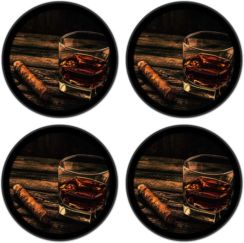 Silicone Non-Slip Drink Coasters with Removable Printed Absorbent Felt Pad - Set of 4 - Cigar & Whiskey...