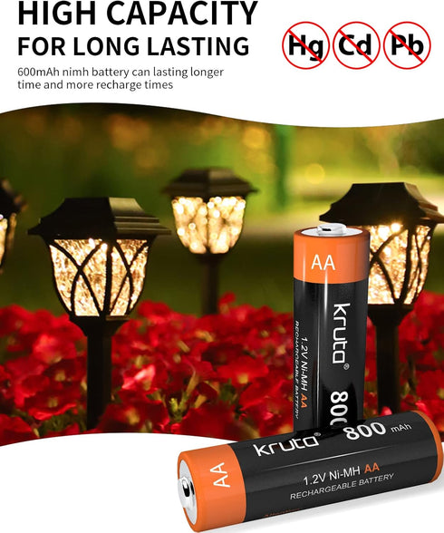 Kruta NiMH Rechargeable AA Batteries, 1.2V 800mAh Rechargeable AA Solar Batteries for Outdoor Solar Lights and Household Devices, Pre-Charged (AA ...