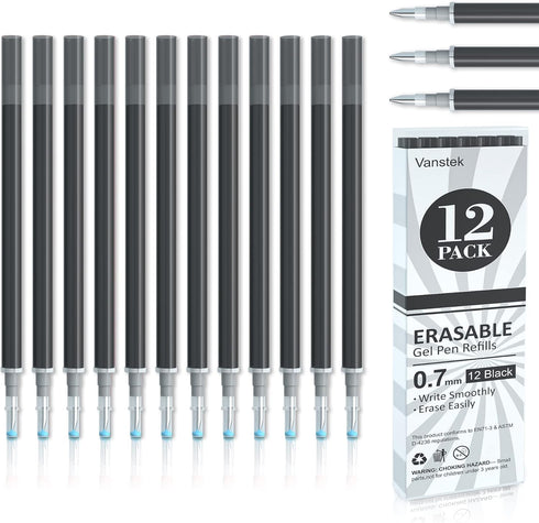 Vanstek 12 Black Erasable Gel Pen Refills, Gel Ink Refills Compatible with FriXion & Friction Erasable Pens, Fine Point 0.7 mm, Perfect for Writin...