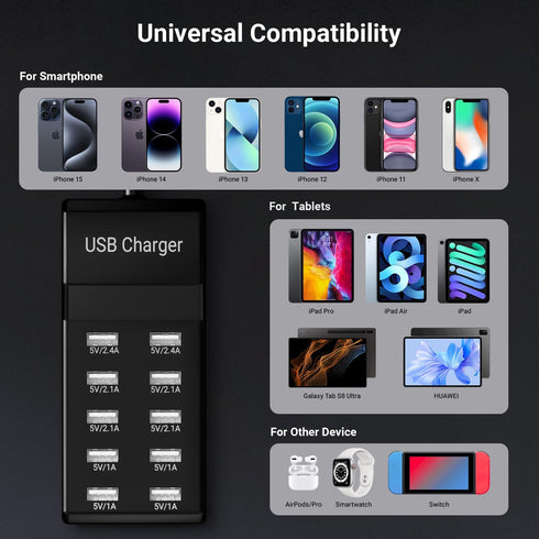 USB Charging Station Charging Station 50w10A 10-Port USB Charger, Multiport USB Charger Station Hub, Compatible with iPhone, Galaxy, iPad Tablet, ...