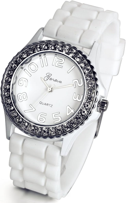 Lancardo White Dial Silver Rhinestones Round Watch with Textured Resin Strap for Women Silica Gel Band Watch for Mother's Day...