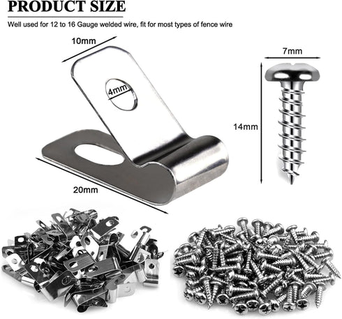 100 Pcs Fence Wire Clamps Stainless Steel Fencing Mounting Clips with 100 Pcs Stainless Steel Screws for 12-16 Gauge Welded Wire to Wood, Metal or...