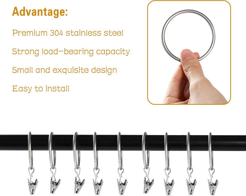 Lansian 20pcs Rustproof Drapery Matte Stainless Steel Metal Curtain Rings with Clips,Tension Curtain Hangers Clips, Decorative Curtain Rod Window,...