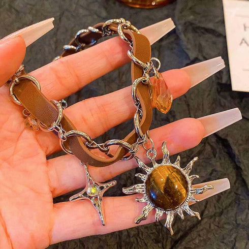 Boho Sun Pendant Necklace Brown Leather Necklace Silver Moon Star Choker Necklace Crystal Stone Collar Necklace for Women...
