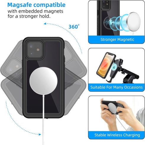 WIFORT for iPhone 12 Mini Waterproof Case with One Metal Ring Compatible with Magsafe Charger Accessories, Full Body Protective Cover Dustproof Sn...