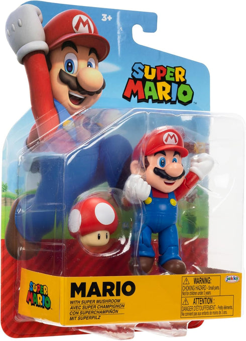 Super Mario Nintendo 4-Inch Mario Poseable Figure with Power up Mushroom Accessory. Ages 3+ (Officially licensed)...