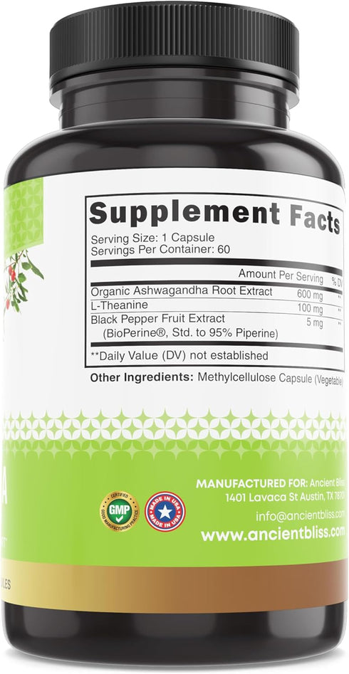 Ancient Bliss Ashwagandha with L-Theanine & Black Pepper Extract Capsules, Energy & Natural Mood Support Supplement, Focus Supplement for Adults...