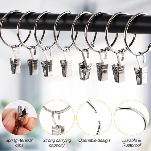 36 Pack Heavy Duty Nickel Plated Metal Curtain Rings with Clips Hooks Open Rings for Curtains and Robs,Easy to Open and Close(Silver)...