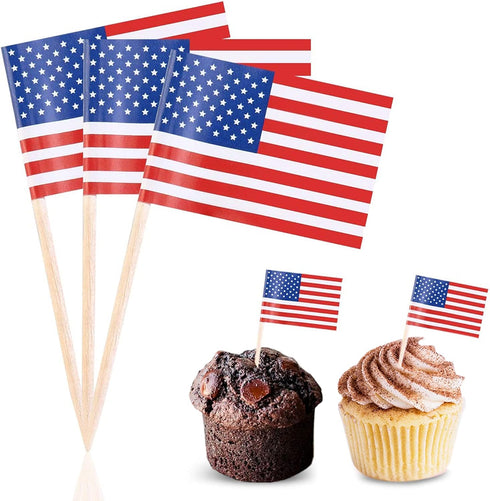 100 Pcs 4th of July American Toothpick Flag Toppers Cake Decorations Independence Day Patriotic Cupcake Toppers Picks for Army Graduation Party Su...