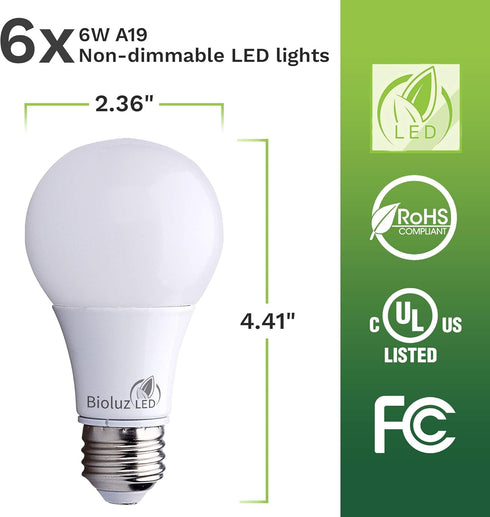 Bioluz LED 40 Watt LED Light Bulbs 4000K Cool White 6 Watts = 40W Non-Dimmable A19 LED Light Bulbs 6 Pack...