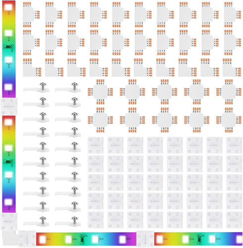 4-Pin 10mm RGB LED Light Strip Connectors, 100 Pieces Solderless and Gapless Adapter Terminal, Incl. Screw Clips, Cuttable T, L and X Shape for SM...