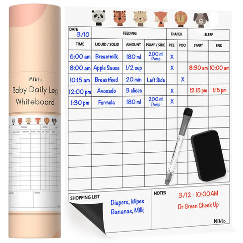 Mewl Baby Daily Log Whiteboard - Reusable Baby Tracker to Log Feeding, Diapers & Sleep - Newborn Baby Journal & Schedule Chart for New Parents, Na...