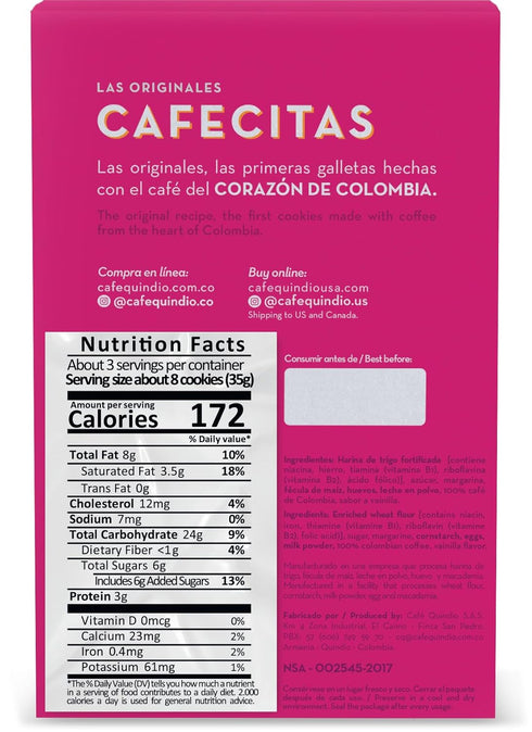Cafe Quindio Coffee Cookies Cafecitas 3.5 oz (100g) Box - Approximately 22 Cookies...
