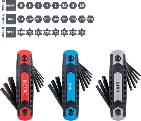 25-Piece Complete Folding Hex Key Wrench Set, Metric 1.5mm - 8mm, SAE 5/64” - 1/4”, Star T9 - T40 | Cr-V Steel, Precise and Chamfered Tips | 3 Pac...
