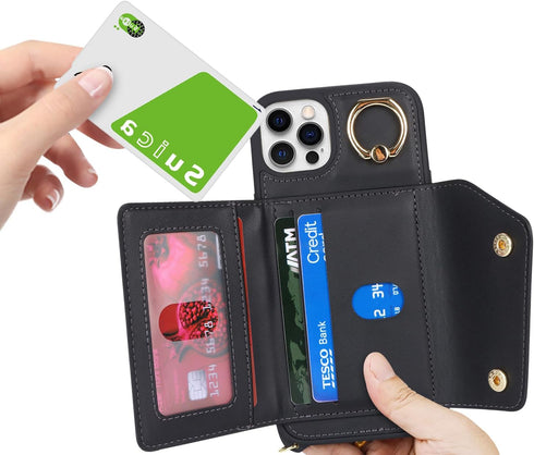 for iPhone 12/12 Pro Case with Card Holder and Strap - Zipper Pocket,Crossbody Lanyard Strap,Credit Card Holder,Stand Ring,Cute Phone Wallet Case ...