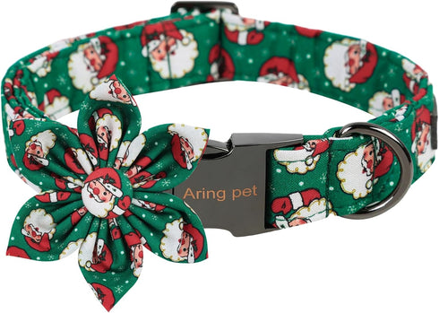 ARING PET Christmas Dog Collar-Green Santa Claus Dog Collar with Flower, Adjustable Cotton Christmas Pet Collars Girl Puppy Collars...