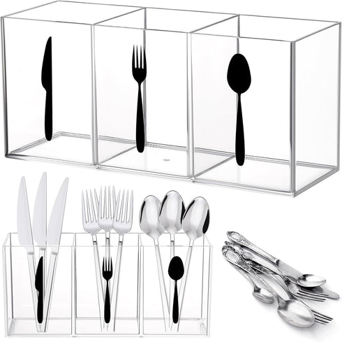 Acrylic Cutlery Storage Organizer Bin Clear Silverware Caddy Countertop Knife Spoon and Fork Holder Kitchen 3 Section Tableware Storage Box for Ca...
