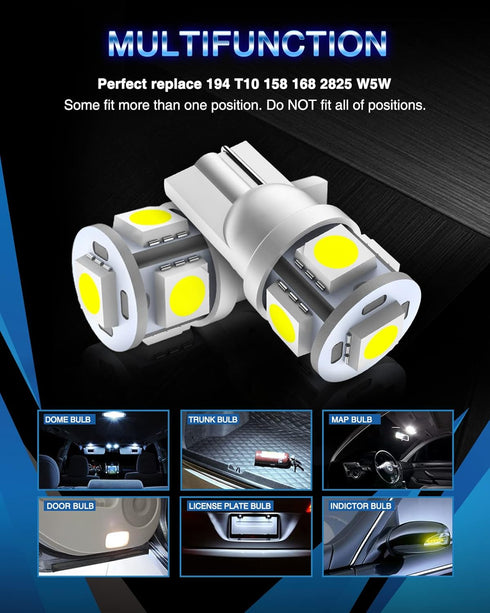 Marsauto 194 LED Bulbs 168 T10 2825 5SMD LED Bulbs Car Dome Map License Plate Lights Lamp White 12V (Pack of 2)...