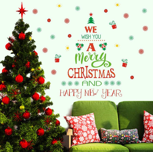 TOARTi Merry Christmas Quotes Wall Decals Happy New Year Quotes Stickers Christmas Tree Snowflake Stickers for Wall Christmas Party Supplies Chris...