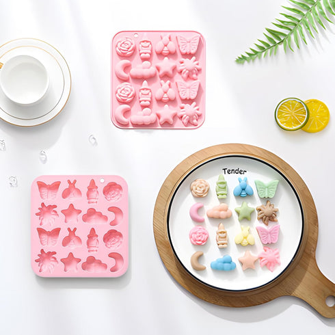 Pastoral Style Silicone Chocolate Mold,16 Cavity Butterfly Bee Flower Moon Star Cloud Handmade Gummy Mold Baking Tool for Candy,Jelly,Soap,Cookie,...