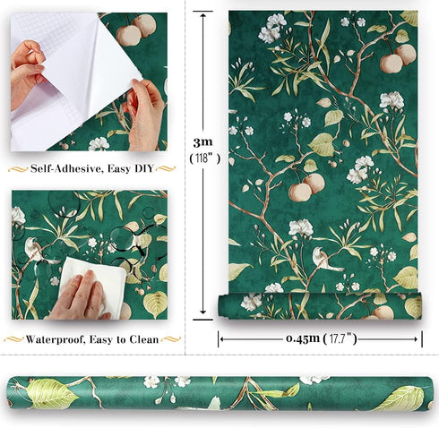 9452 Green Floral Peel and Stick Wallpaper Flower and Bird Removable Self Adhesive Contact Paper Vinyl Film Home Decoration and Furniture Renovati...
