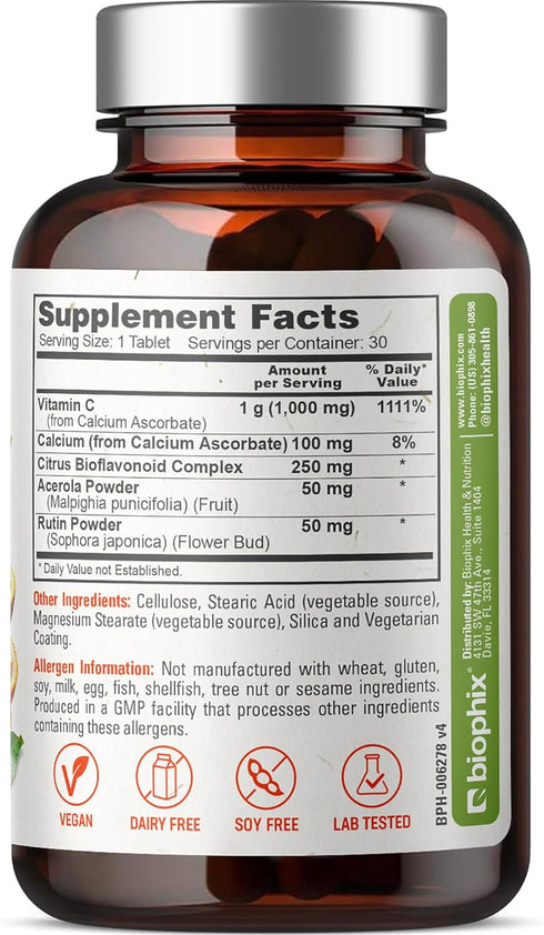 biophix Vitamin C-1000 mg 30 Tablets Complex - Vegan with Calcium Citrus Bioflavonoids Acerola Rutin - Supports Immune Health...