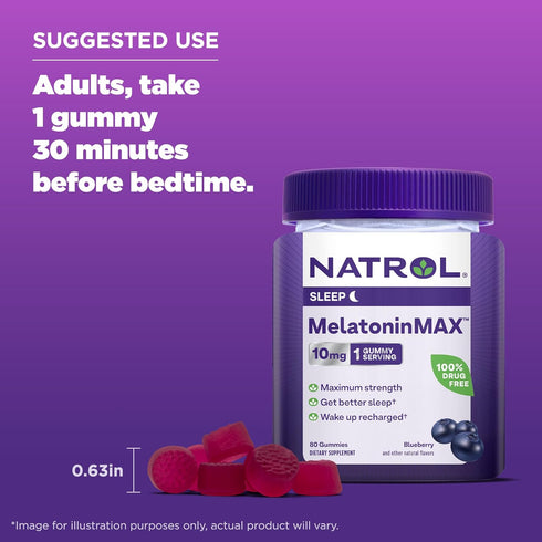 Natrol MelatoninMax, Sleep Gummies for Adults, Blueberry Flavor, 10 mg, 80 Count, Up to an 80 Day Supply...