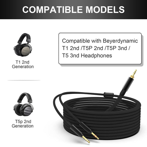 3m/9.8FT Replacement Upgrade Audio Cable Compatible with Beyerdynamic T1 II / T5P 2nd / T5 III Generation Headphones, 3.5mm and 6.35mm Adapter to ...