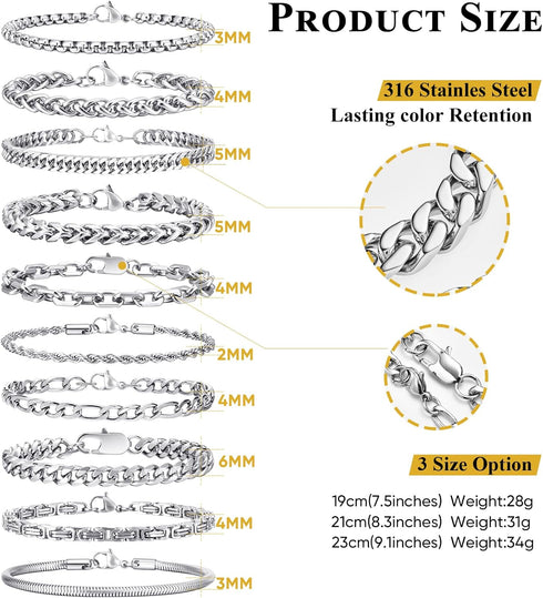 VNOX Silver Chain Bracelet for Men - 10 Pcs Solid Stainless Steel Rope/Figaro/Paperclip/Cuban Link/Snake Curb Chunky Chain Bracelet Set Wrist Band...