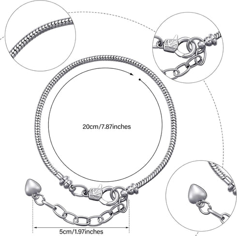 Hicarer 20 Pcs Chain Bracelet for Jewelry Making Women DIY Adjustable Snake Charm Bracelet with Heart Shape Extender Chain(Silver)...