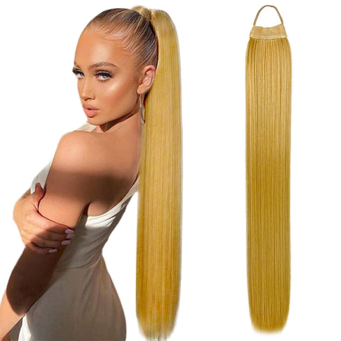 28inch Long Ponytail Extension with Hair Tie, Multi Dark Blonde Yaki Straight Ponytail Thick Braiding Hair Ponytail Natural Fake Pony Tails Hairpi...