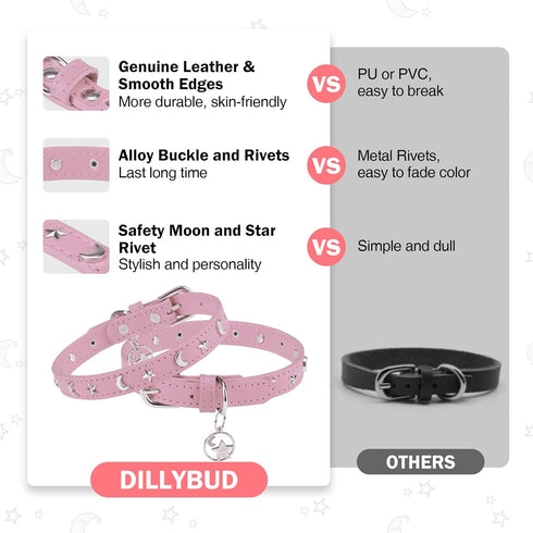 Leather Dog Collar for Puppy Small Medium Dogs, Adjustable Star and Moon Studded Pet Collars with Rust-Proof Metal Buckle and Charms, XS S Dog Col...
