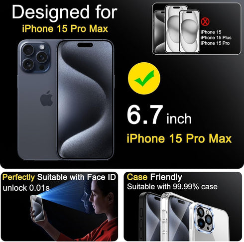 Ferilinso 4 Pack Screen Protector for iPhone 15 Pro Max with 4 Pack Tempered Glass Camera Lens Protector Phone Case Friendly Ultra Accessories Pro...