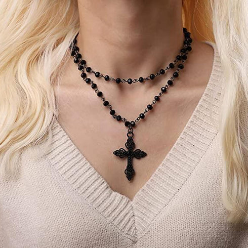 Gothic Bead Cross Necklace,Punk Black Cross Pendant Beaded Necklace for Men Women,Layered Cross Choker Necklace,Goth Gothic Y2k Necklaces,Hallowee...