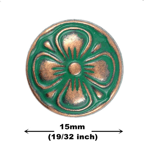 Bezelry 12 Pieces Green Cyan Antique Copper Clover Metal Shank Buttons. (15mm) (19/32 inch)...